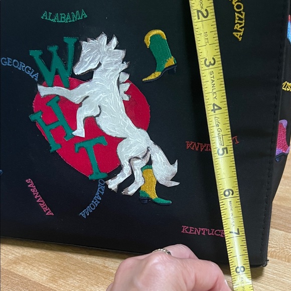 ( 0403) Women Black Designer Cowboy Boots Tote Bag W/ Bamboo Handle & WHT Art - Picture 4 of 7